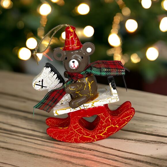 Vintage Wooden Teddy Bear on a Rocking Horse Christmas Ornament - Picture 1 of 9